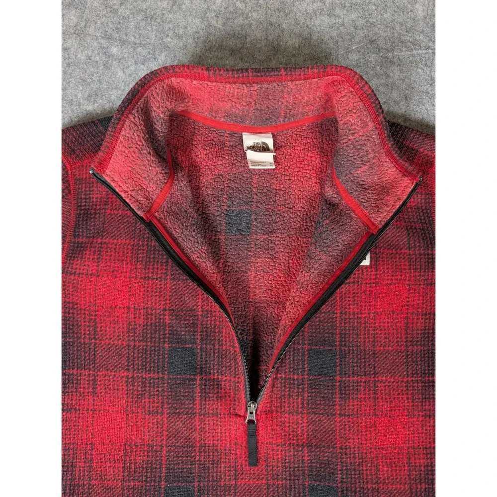 The North Face Mens Red Black Buffalo Plaid 1/4 Zip Sherpa Lined Fleece Pullover